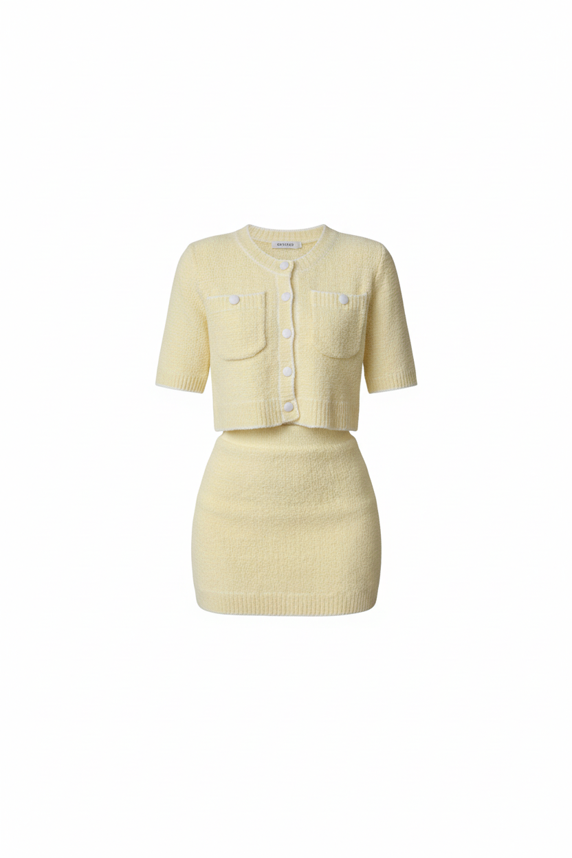 Cream Yellow Short-Sleeved Sweater and Knitted Skirt - Product Only