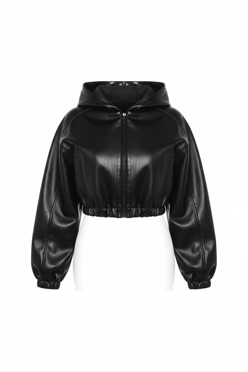 Cropped Black PU Leather Hooded Jacket - Product Only