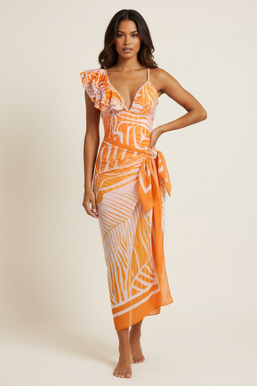 Diverse model wearing one-piece with long beach skirt - 4K