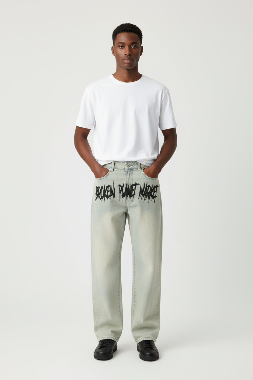 Embroidered Straight Denim Trousers - Male Model