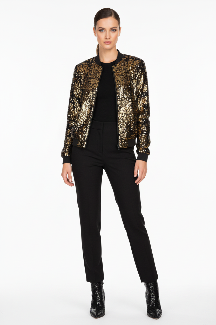 Fashionable Sequin Baseball Jacket - Black Gold