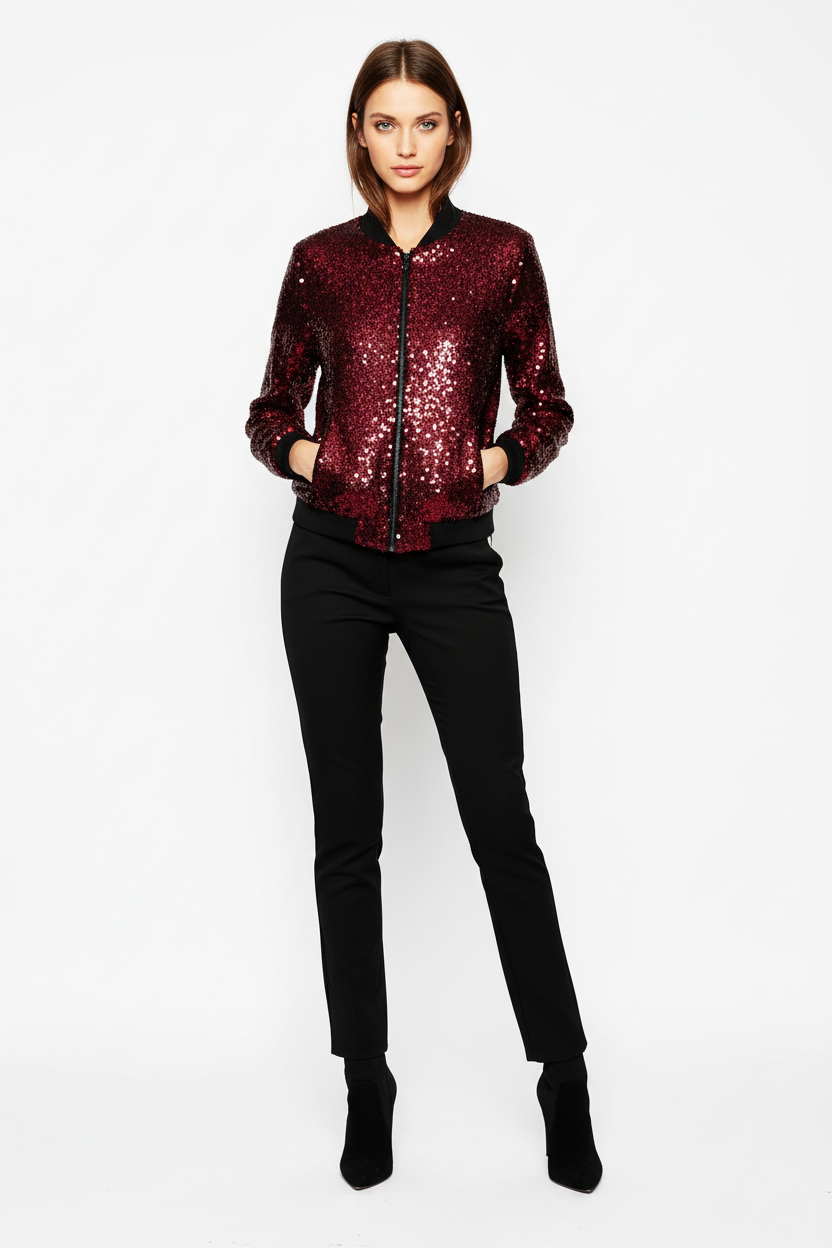 Fashionable Sequin Baseball Jacket - Wine Red