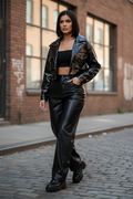 Fashionable Short PU Leather Jacket - Female Model