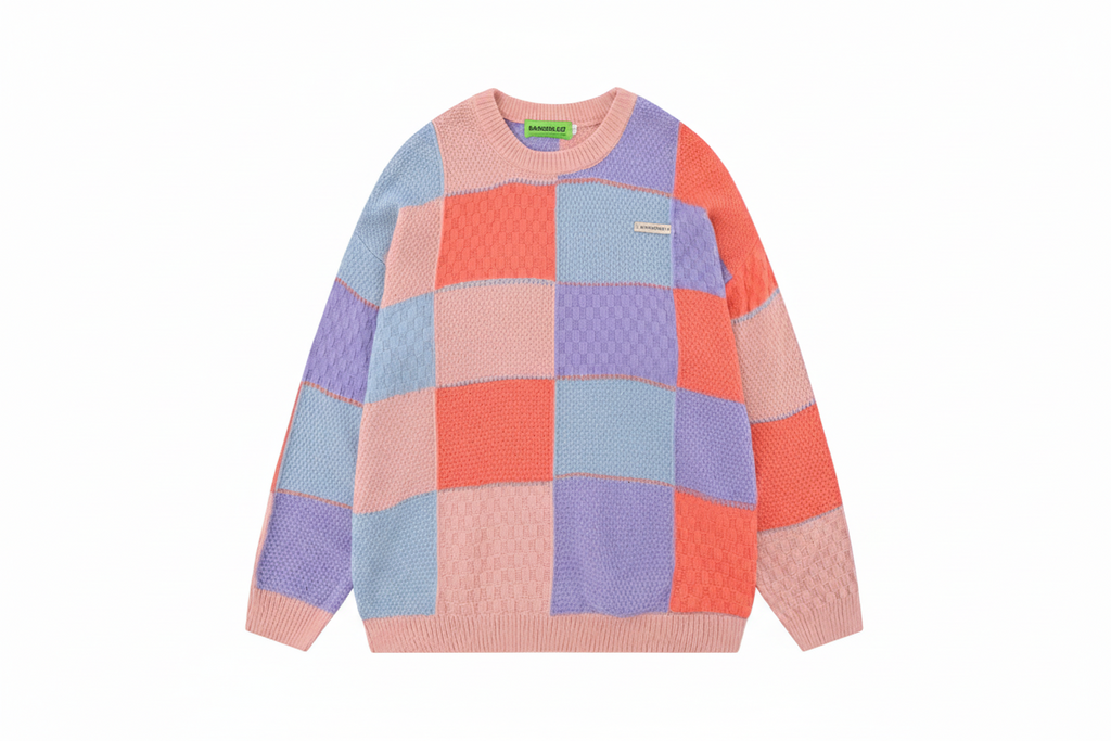 Colorful Long Pullover Sweater with Patchwork Design