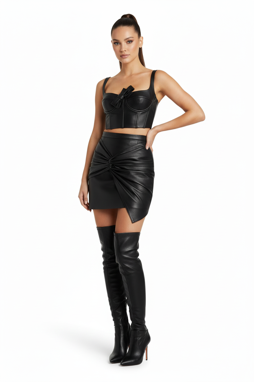 Female model in black leather skirt with cross bow design