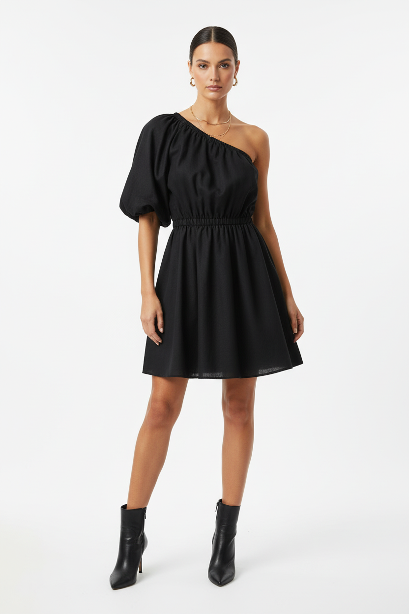 Female model in black loose short dress