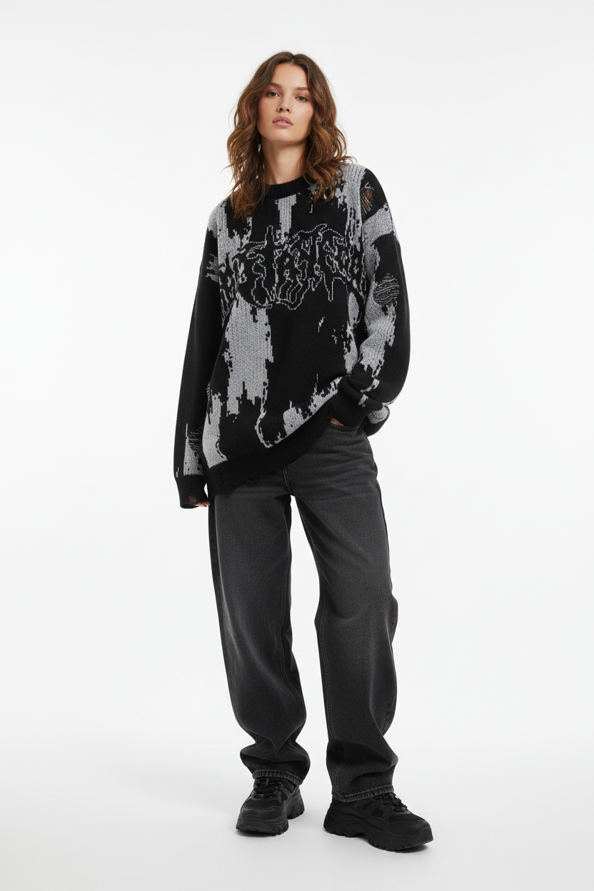 Female model in casual loose knit crochet unisex sweater