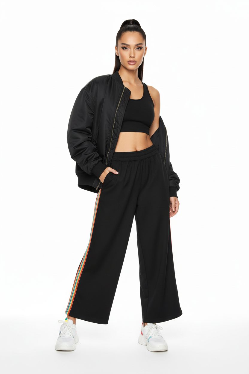 Female model in color block wide leg pants