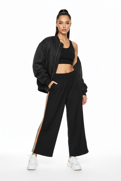 Female model in color block wide leg pants