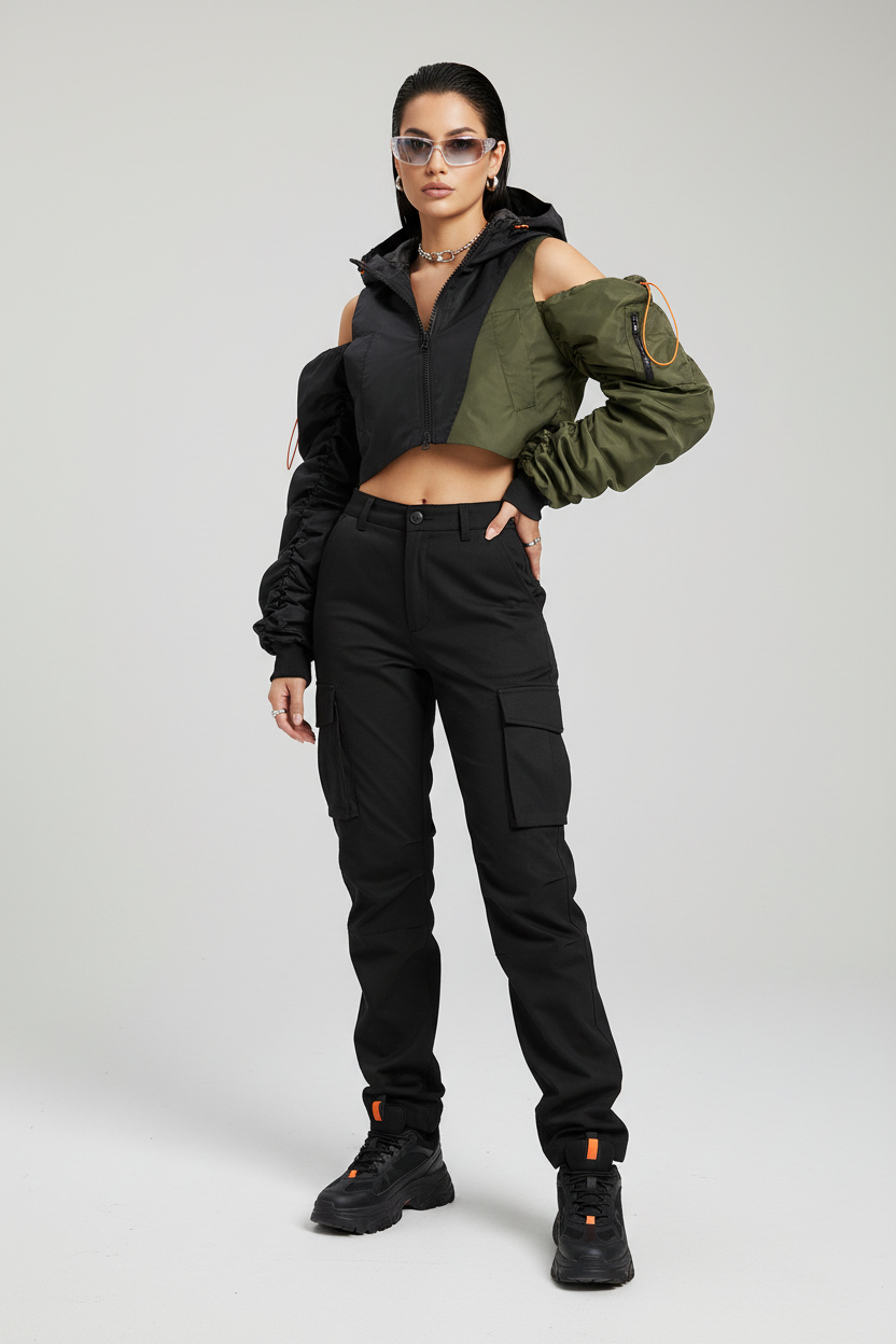 Female model in color-blocked hooded jacket