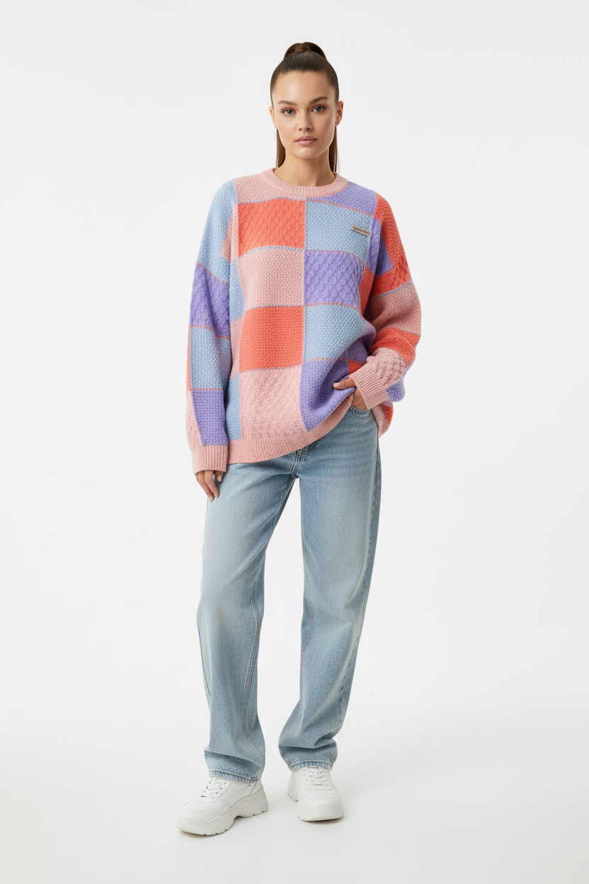 Female model in colorful patchwork pullover sweater