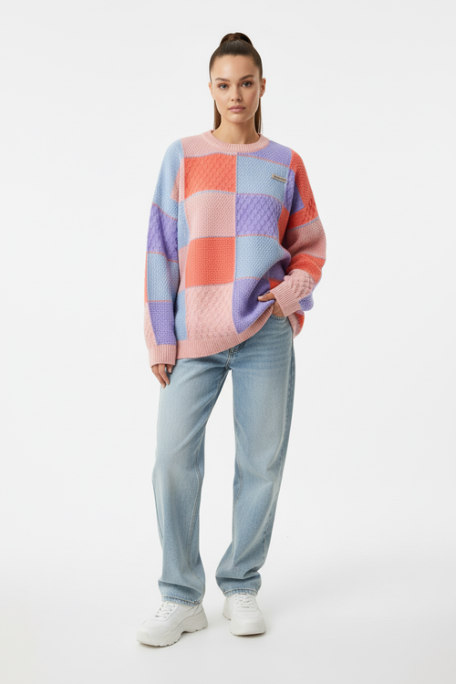 Female model in colorful patchwork pullover sweater