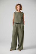 Female model in cotton linen short sleeve top and pants set