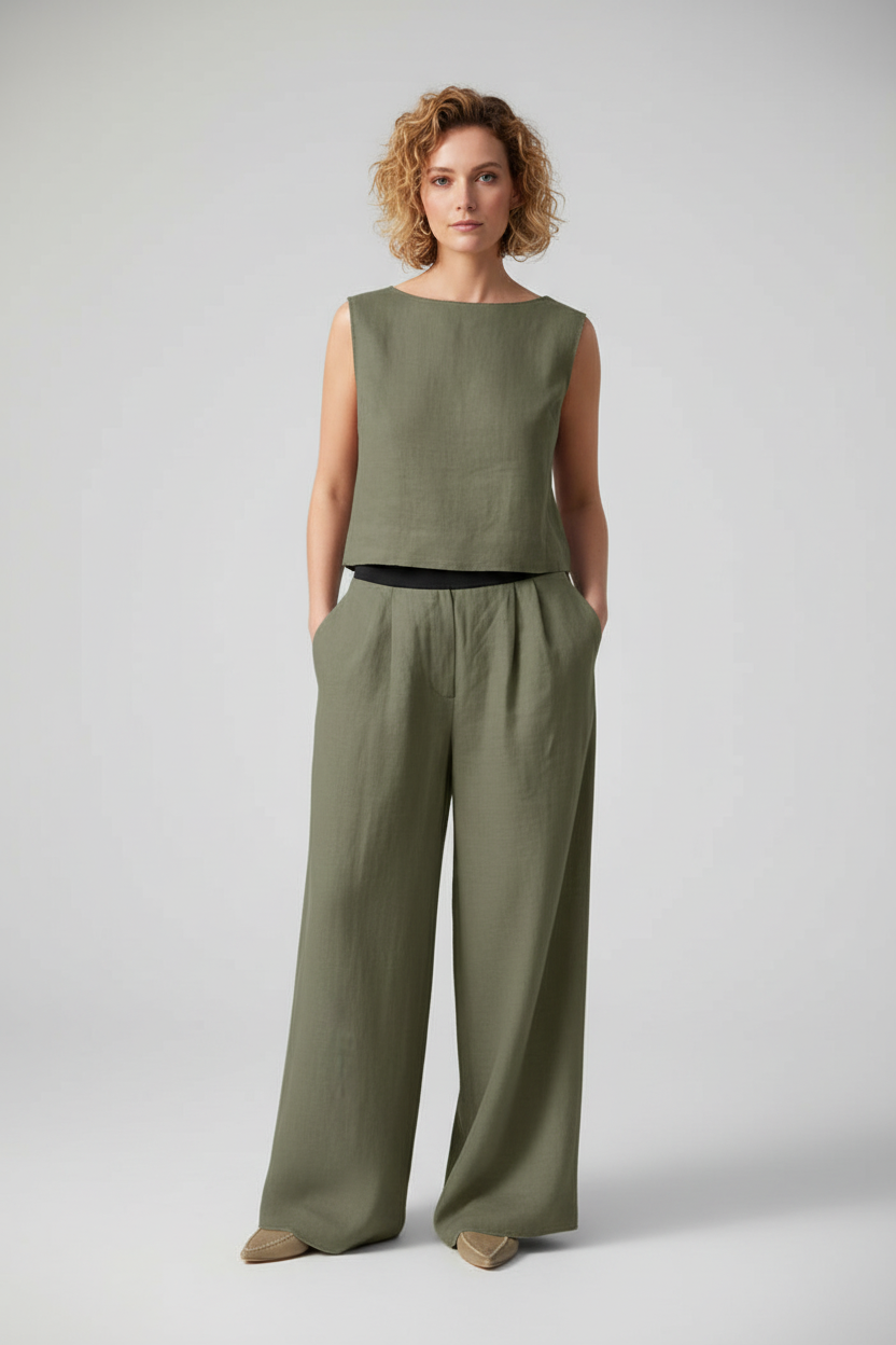Female model in cotton linen short sleeve top and pants set