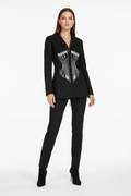 Female model in Designer Embroidered Jacket with Waist Tie - Black