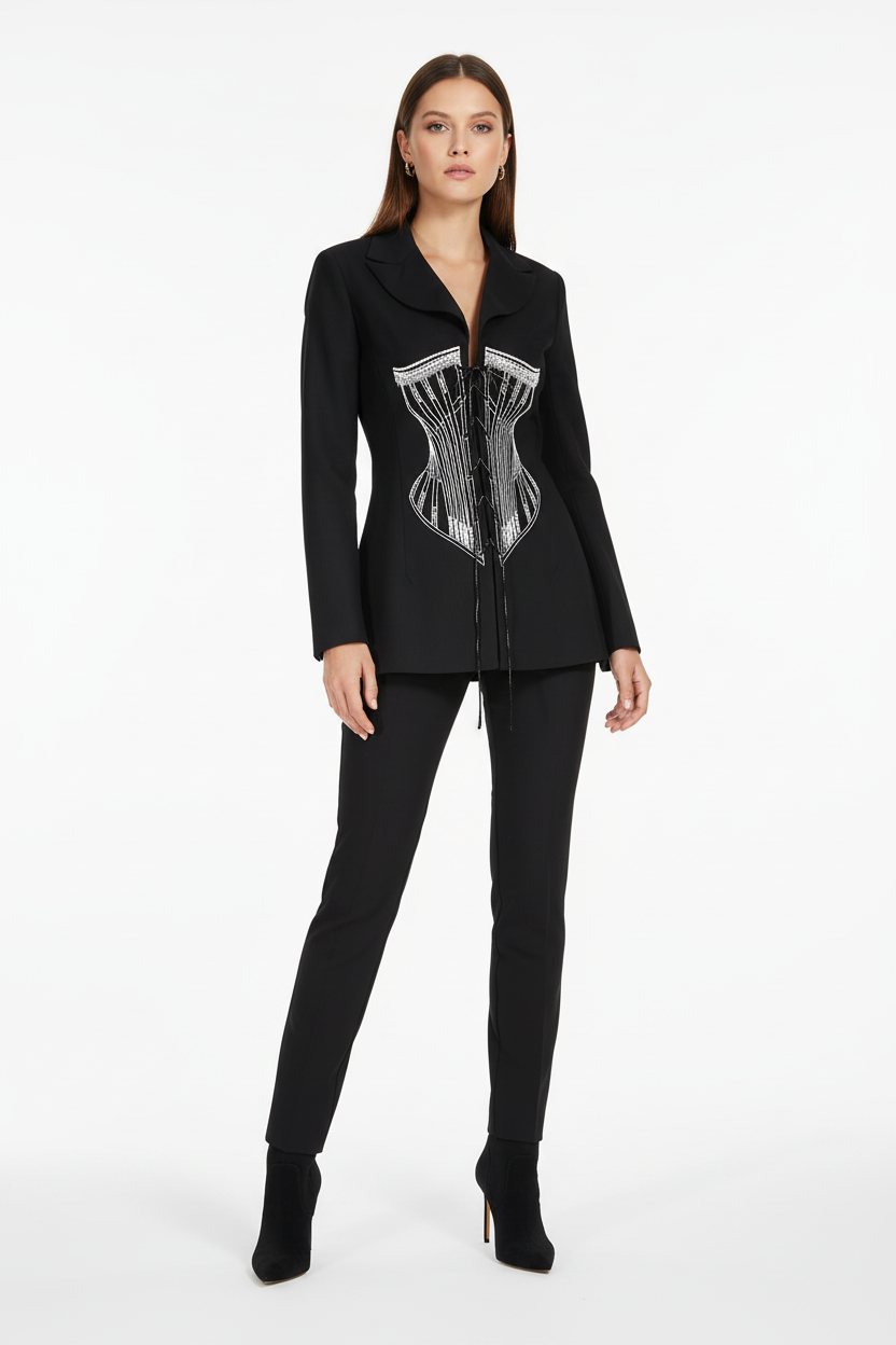 Female model in Designer Embroidered Jacket with Waist Tie - Black