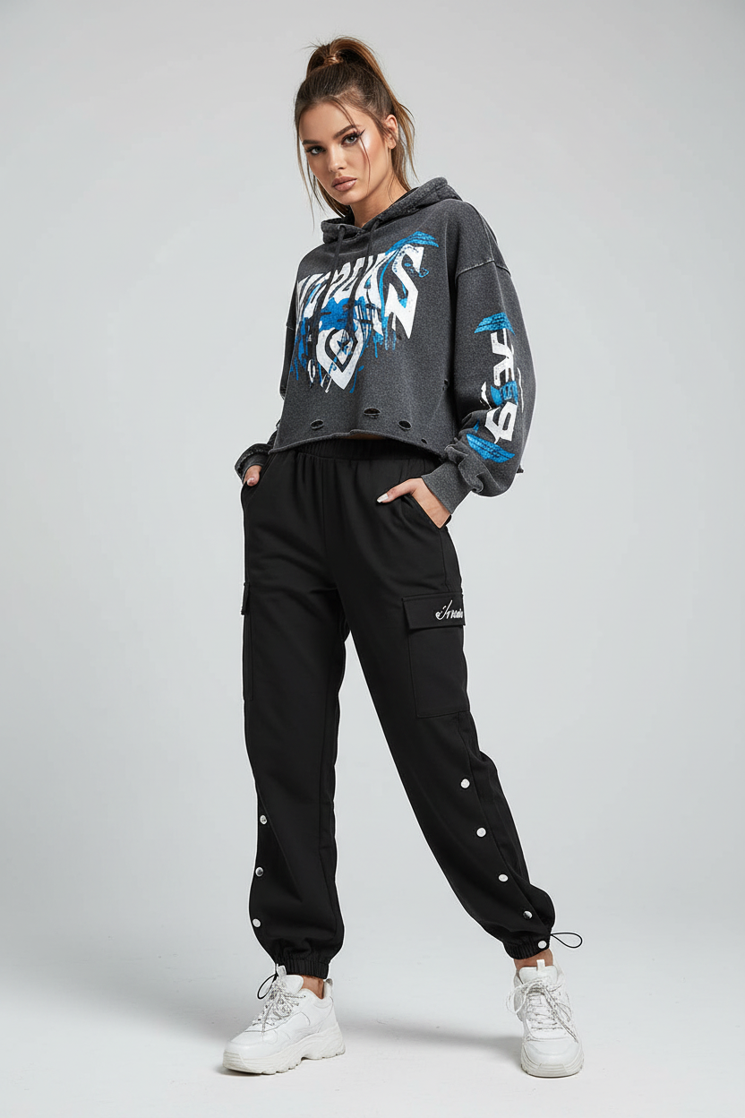 Female model in embroidered cargo pants