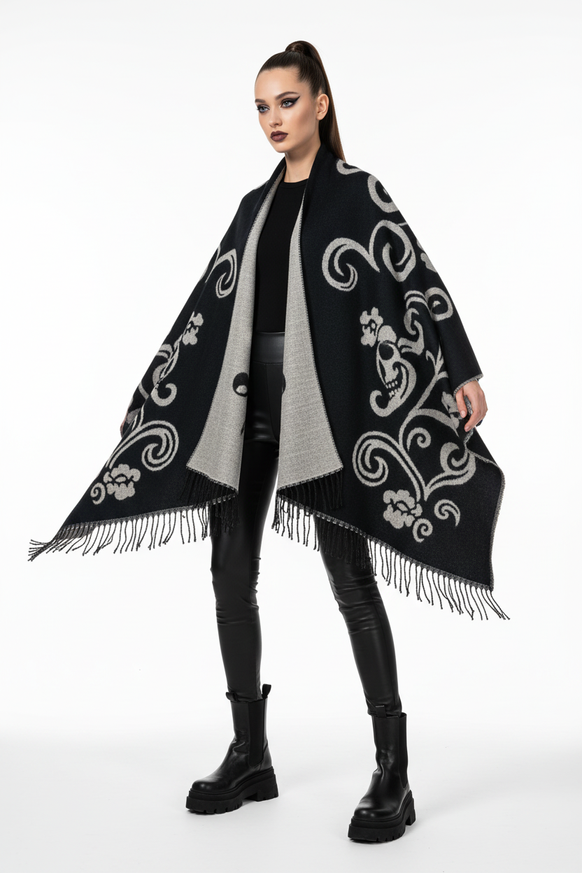 Female model in Fashion Skull Print Shawl Jacket - Black