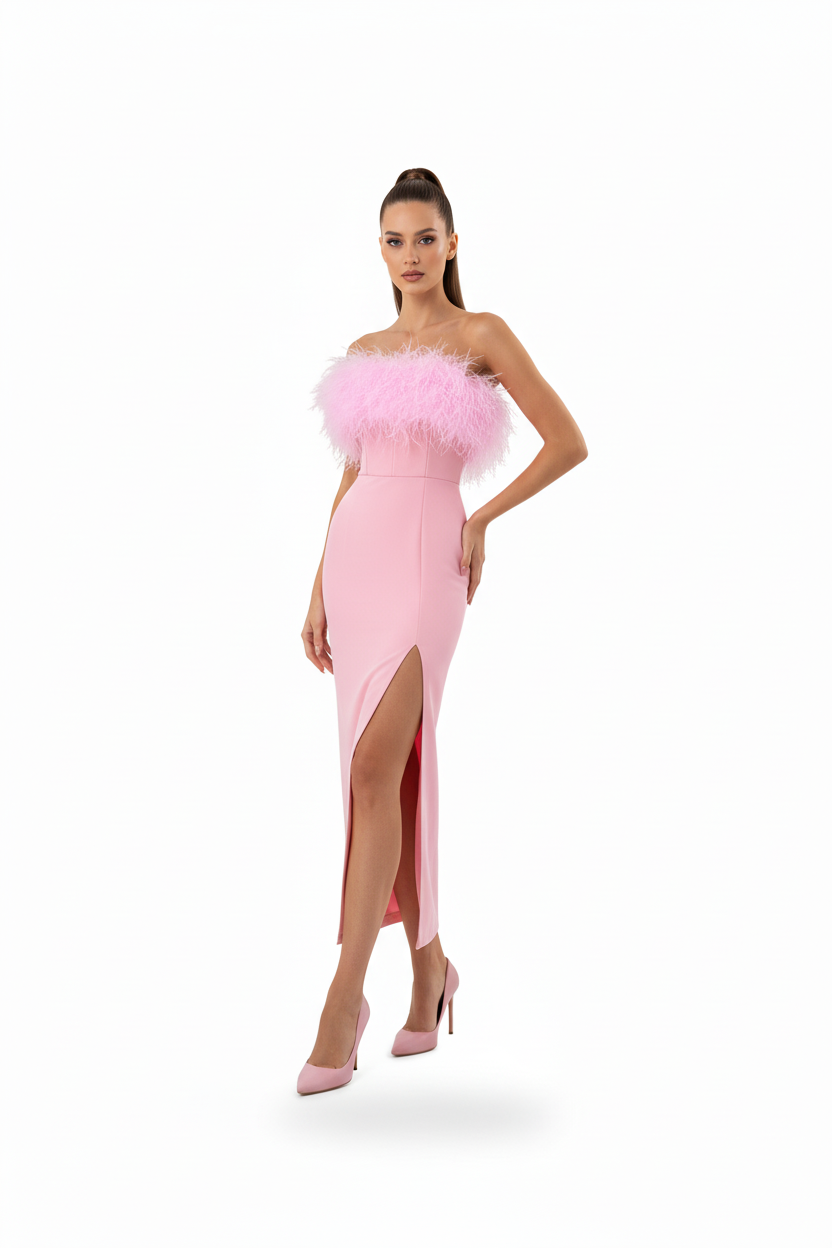 Female model in Feather Tube Top Dress - Pink