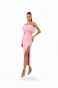 Female model in Feather Tube Top Dress - Pink