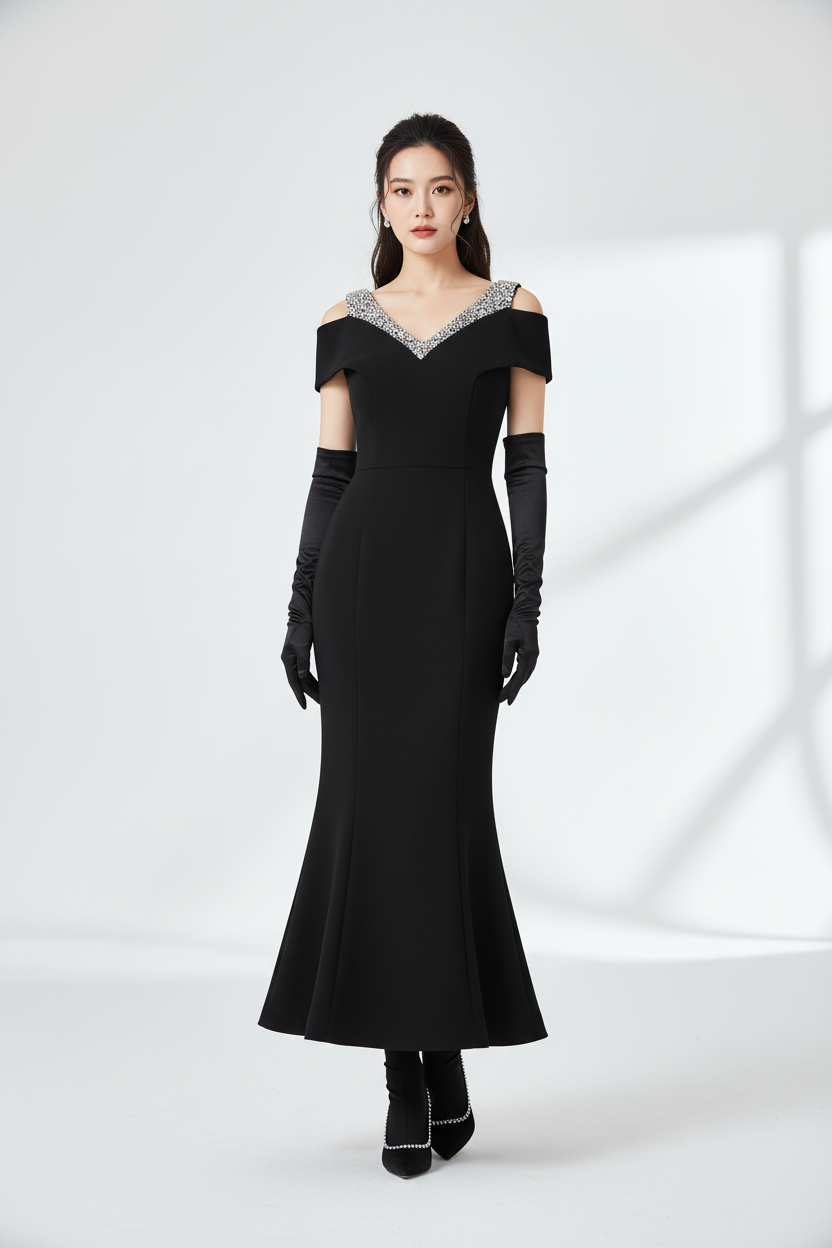 Female model in Luxurious Cold Weather Dress - Black
