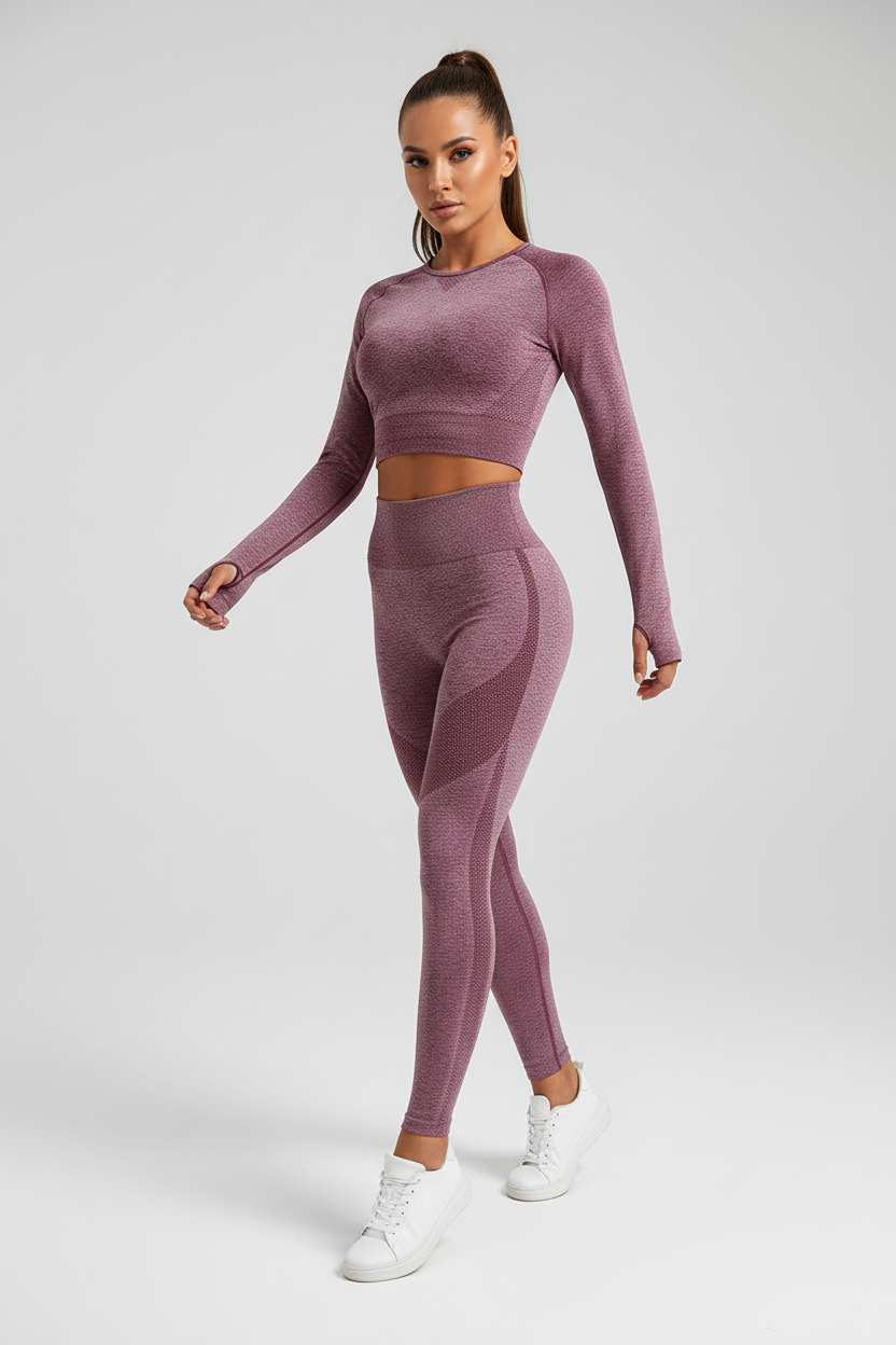Female model in moisture-wicking workout top