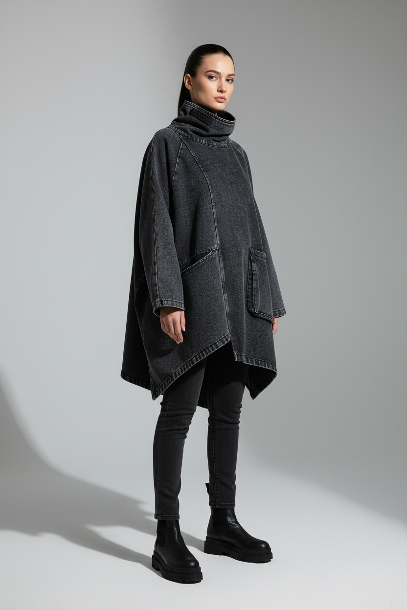 Female model in oversized black washed denim turtleneck jacket