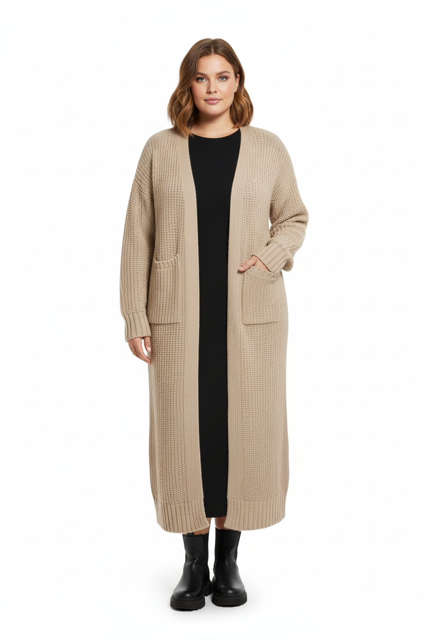 Female model in plus size loose knit cardigan sweater
