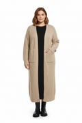 Female model in plus size loose knit cardigan sweater