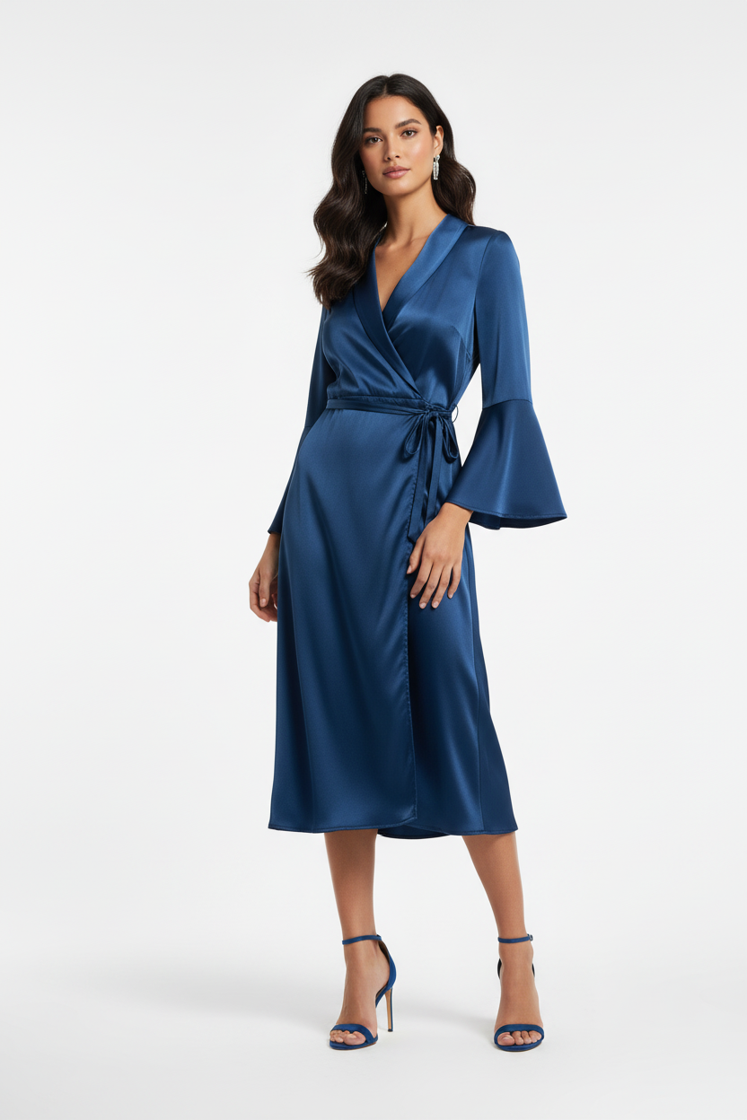 Female model in Silk Satin Dress - Blue