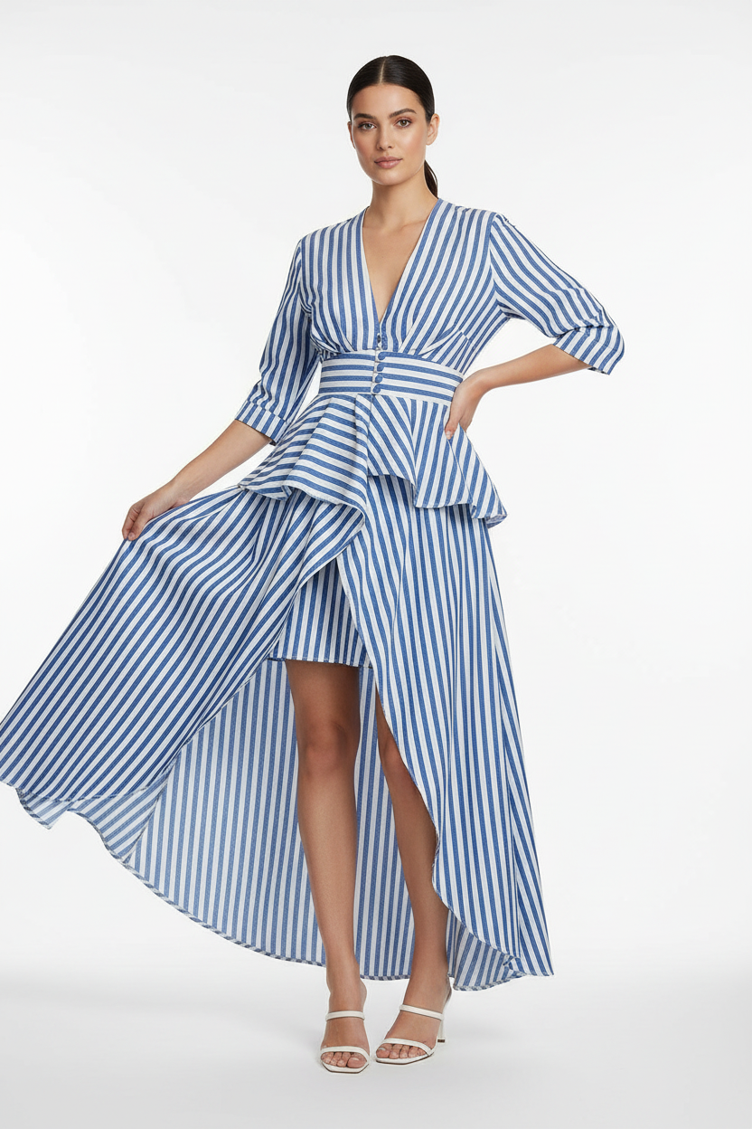 Female model in striped asymmetrical shirt