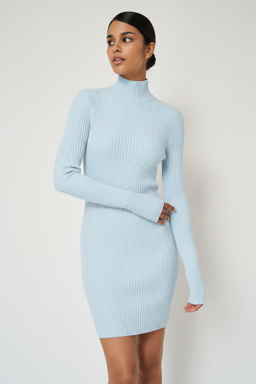 Female Model - Slim Casual Turtleneck Dress