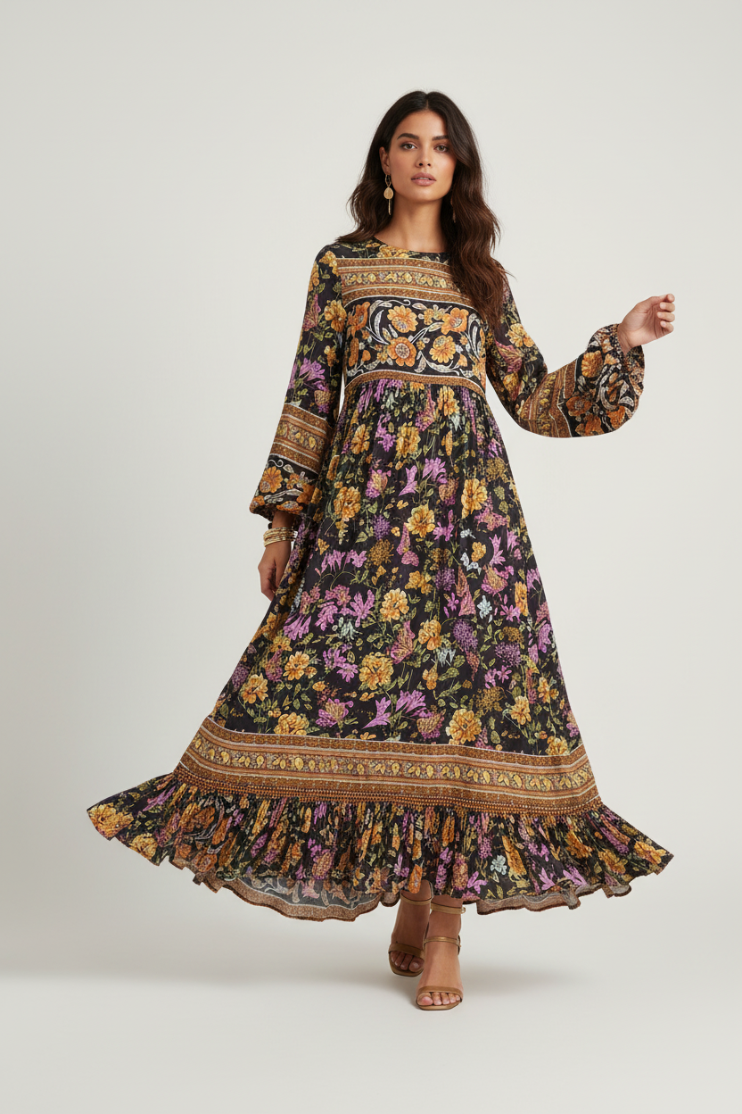 Floral Fringed Long Dress - Light Yellow