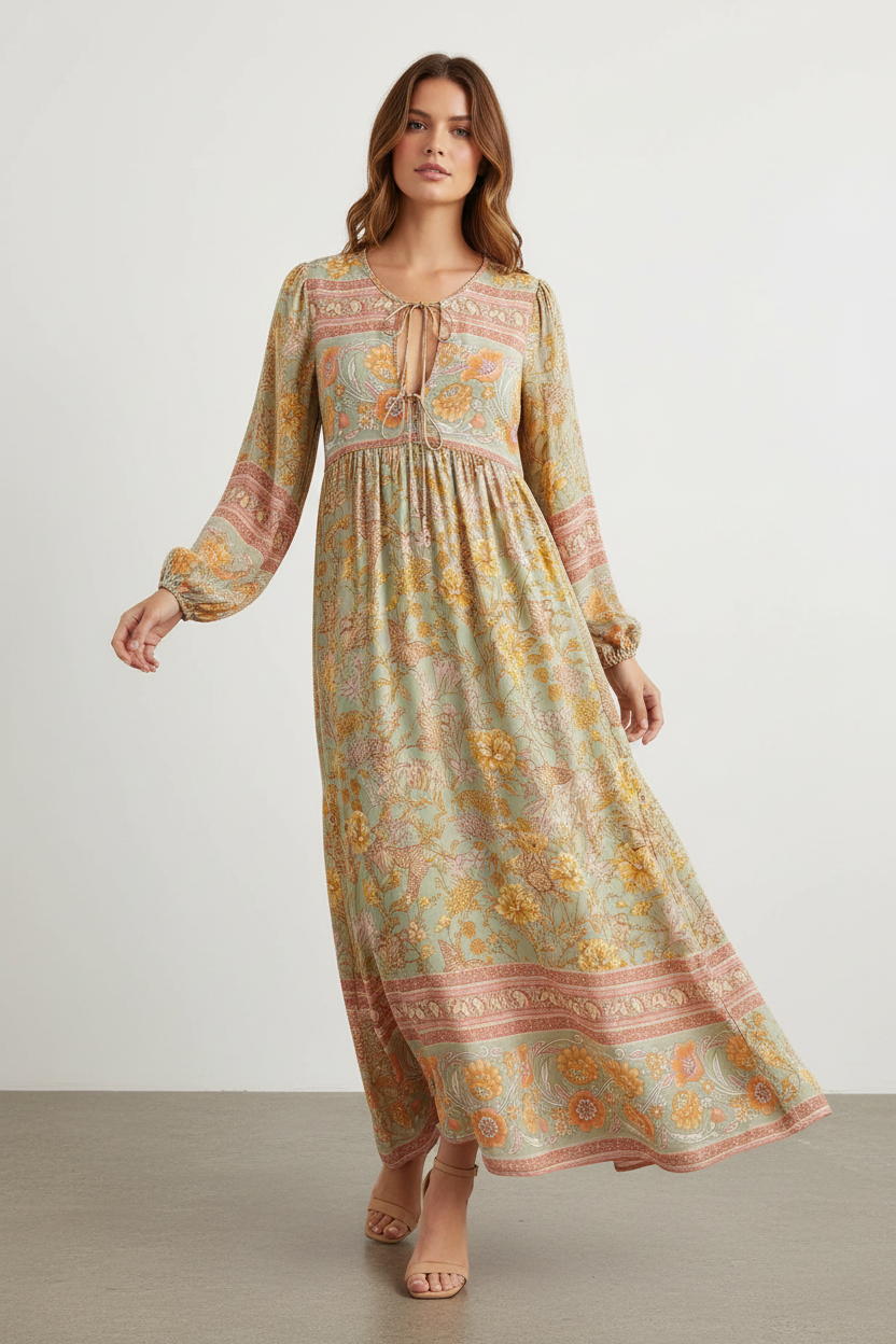 Floral Fringed Long Dress - Photo Color