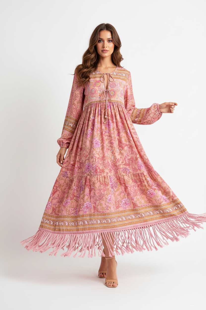 Floral Fringed Long Dress - Pink