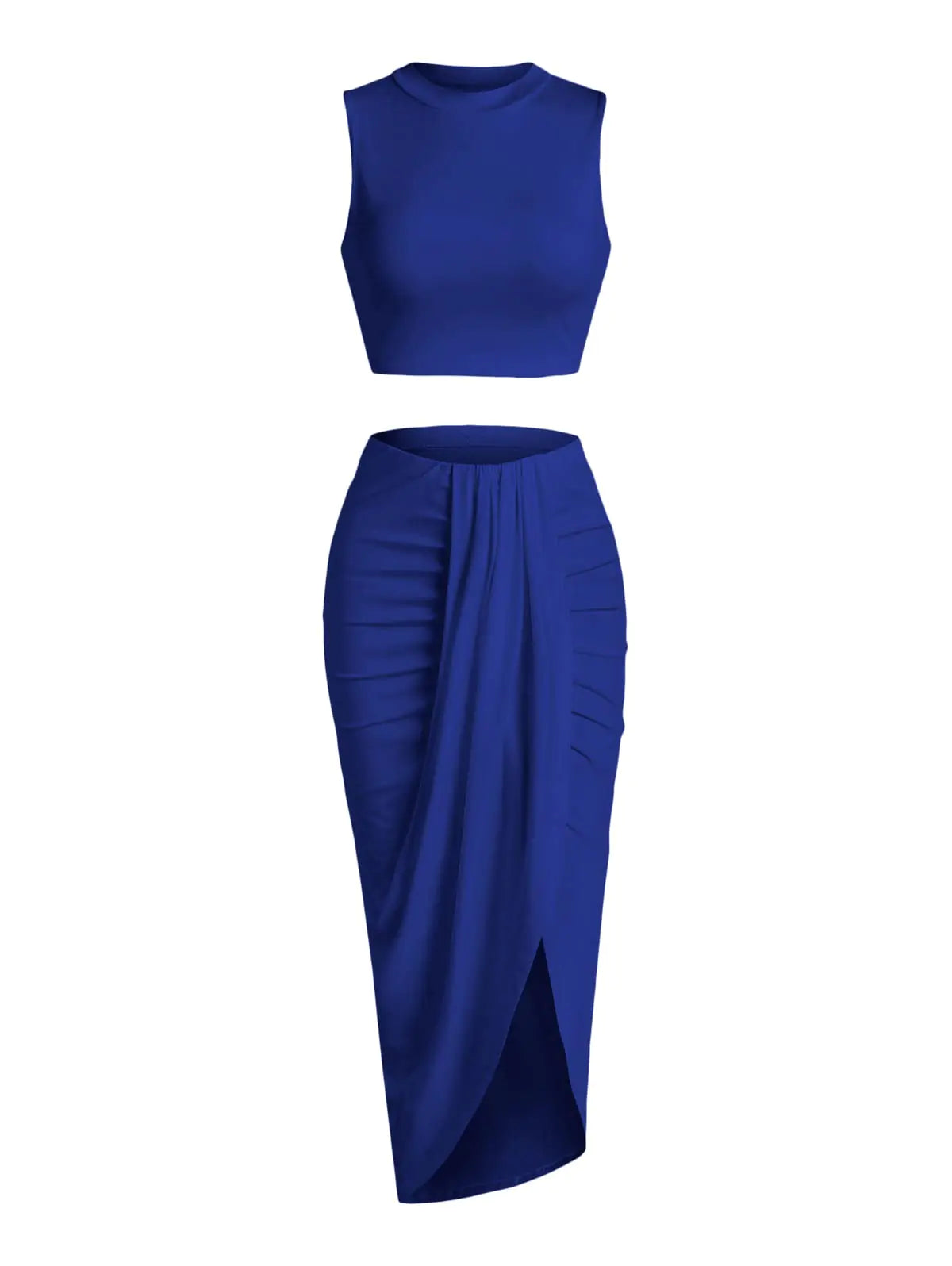 Sleeveless Two Piece Outfits Crop Top and Side Split Draped Ruched Maxi Skirt Set