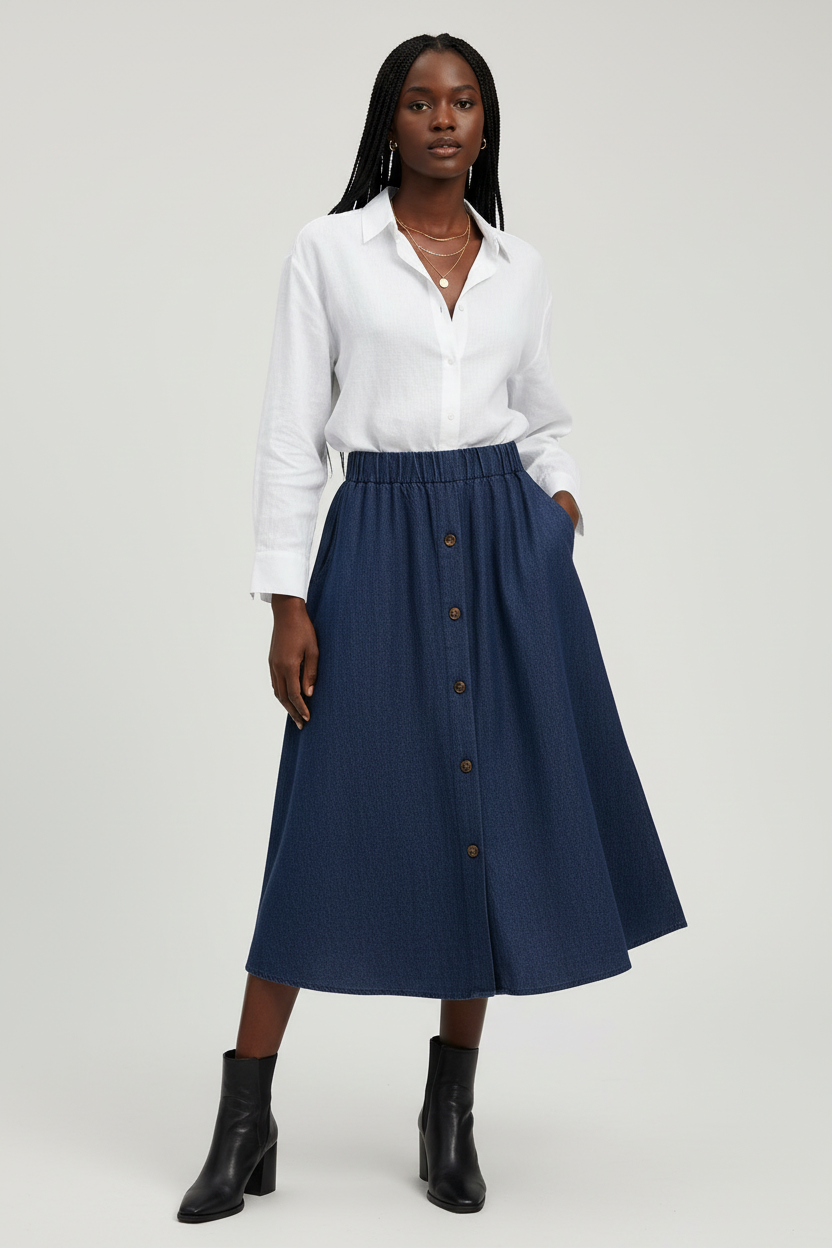 High-Waist A-Line Mid-Length Denim Skirt female model