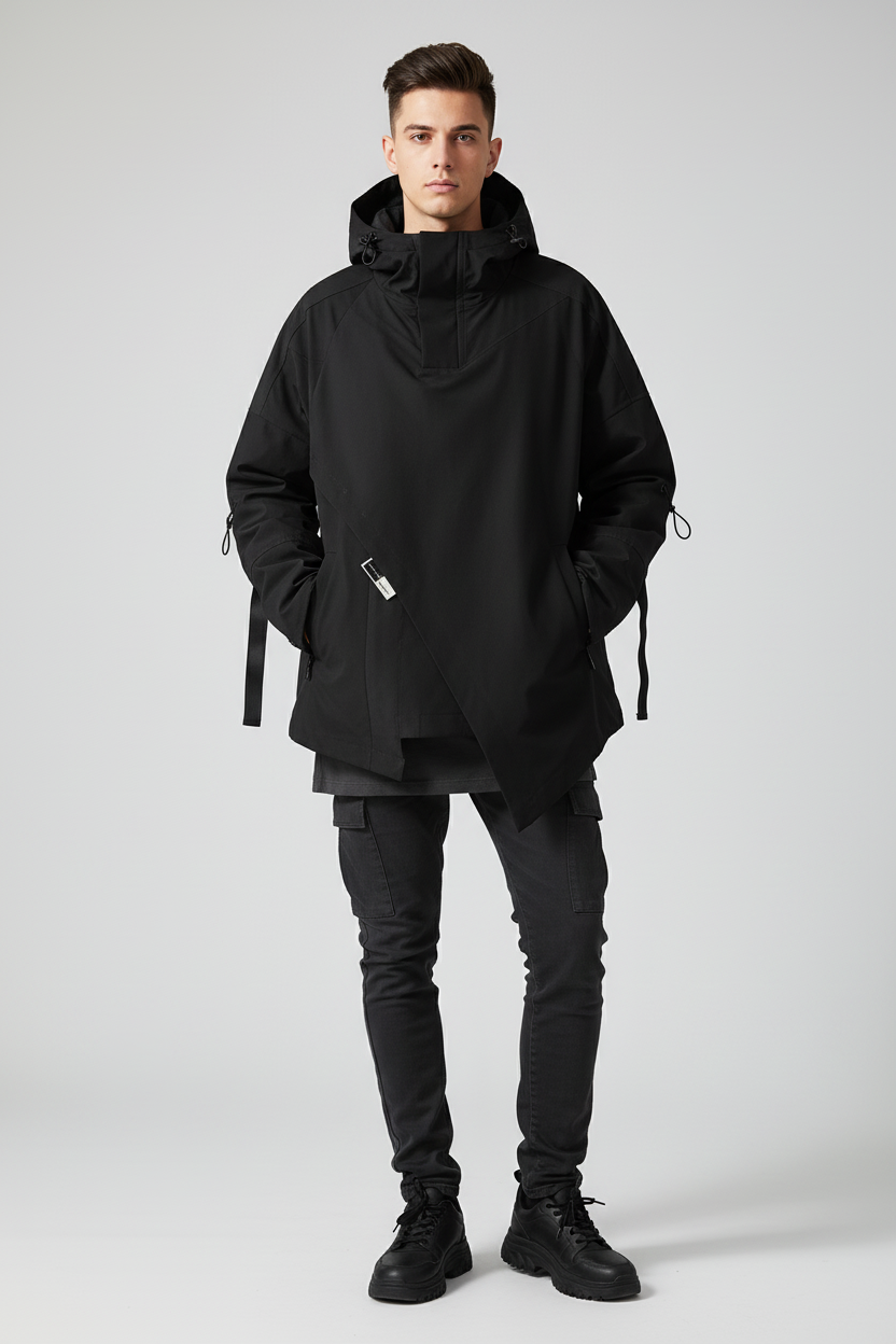 Hooded Black Patchwork Jacket - Male Model