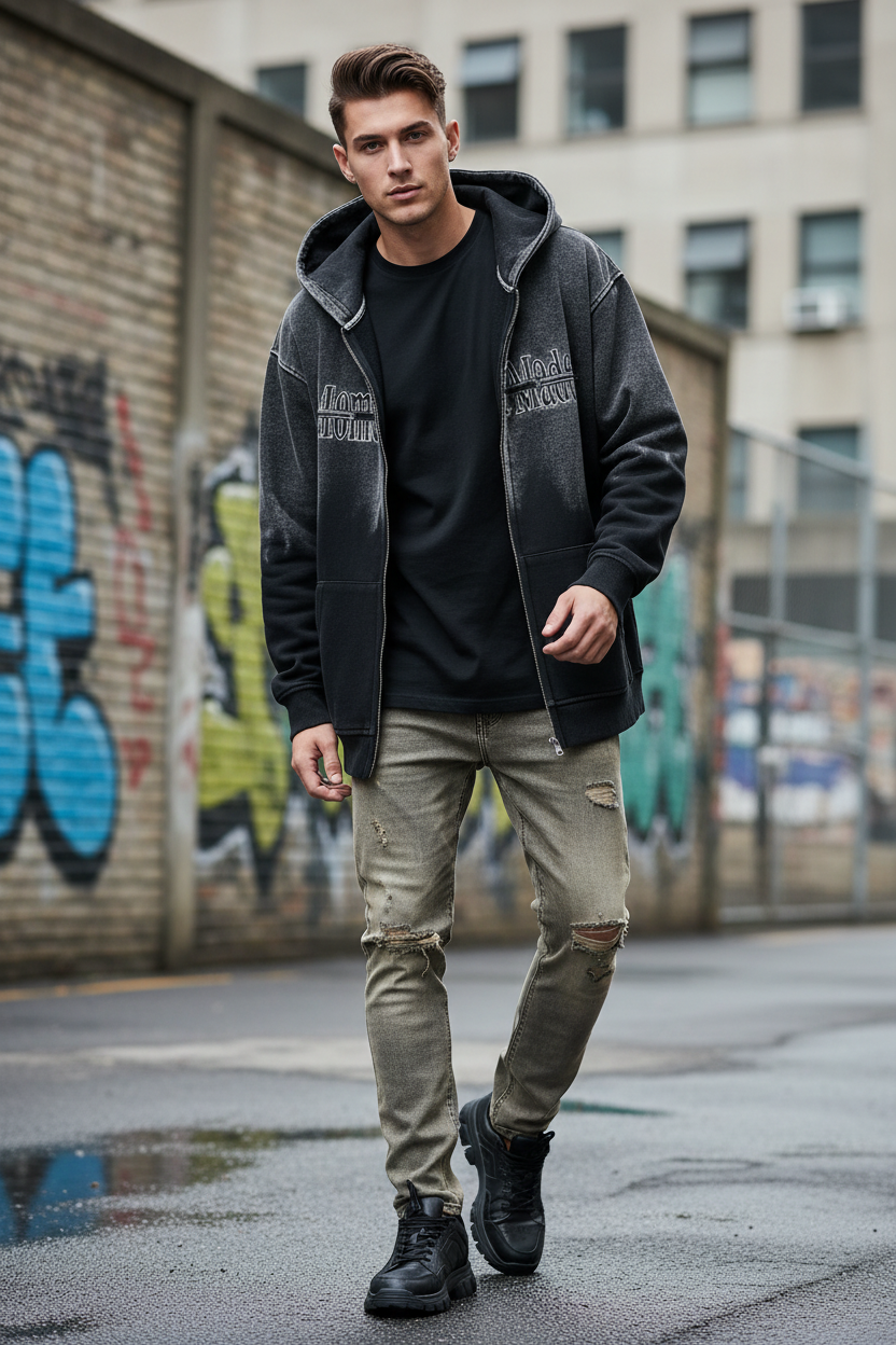 Inkjet Gradient Letter Hooded Jacket - Male Model (Exact)