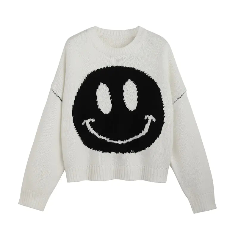 Casual Loose Knit Sweater with Smiley Face