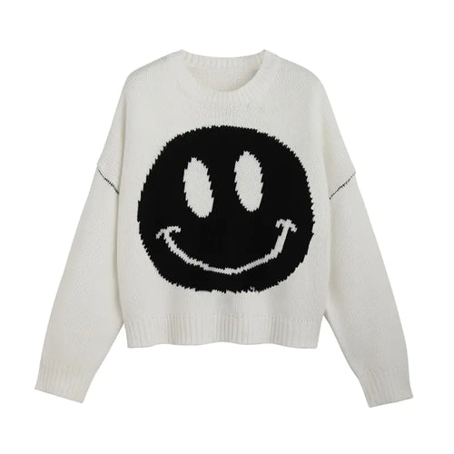 Casual Loose Knit Sweater with Smiley Face