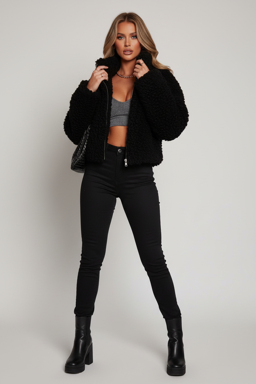 Lambswool Short Coat - Black