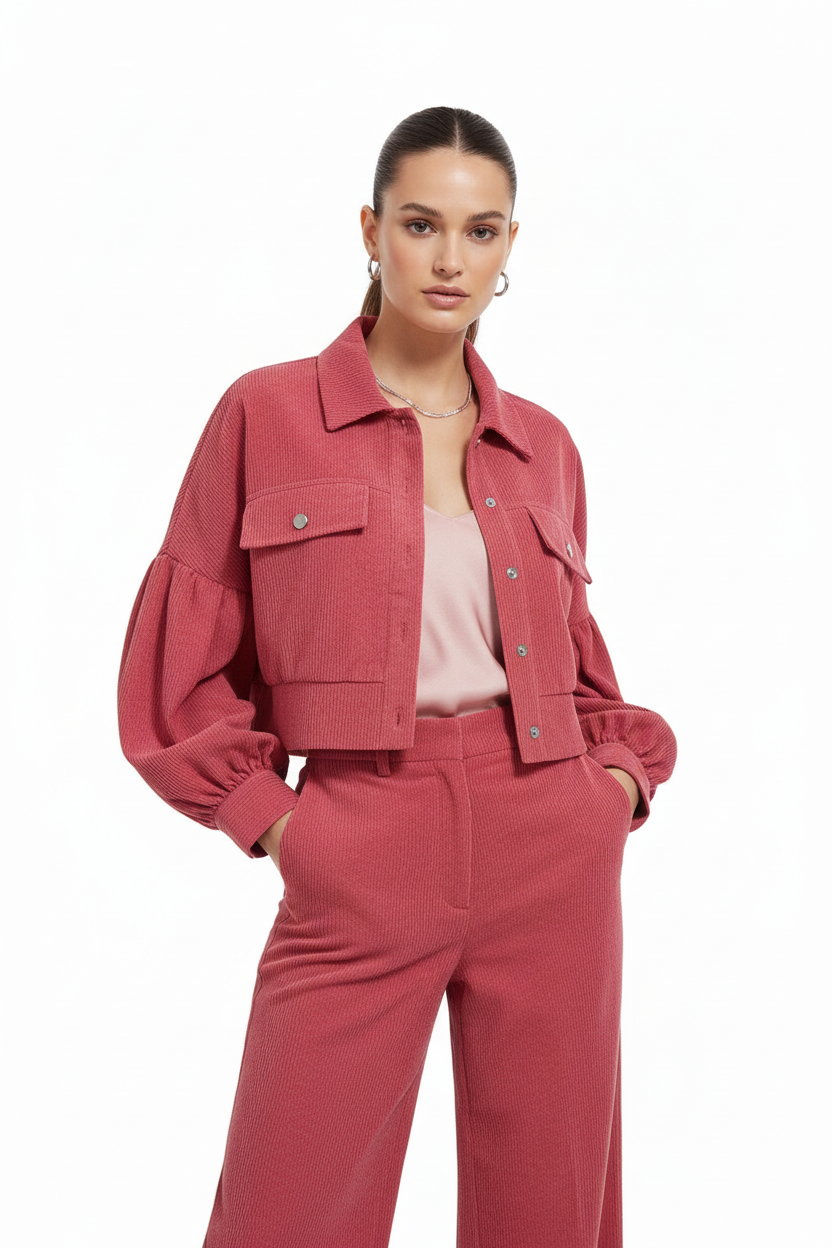 Lightweight Cropped Corduroy Jacket - Watermelon Red
