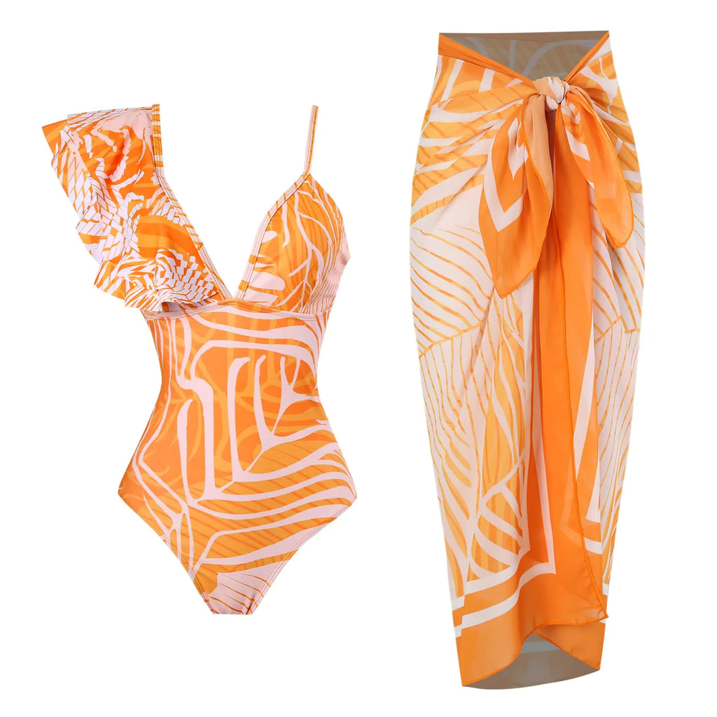 One Piece with Cover up Beach Skirt Leopard Floral Printed Swimwear