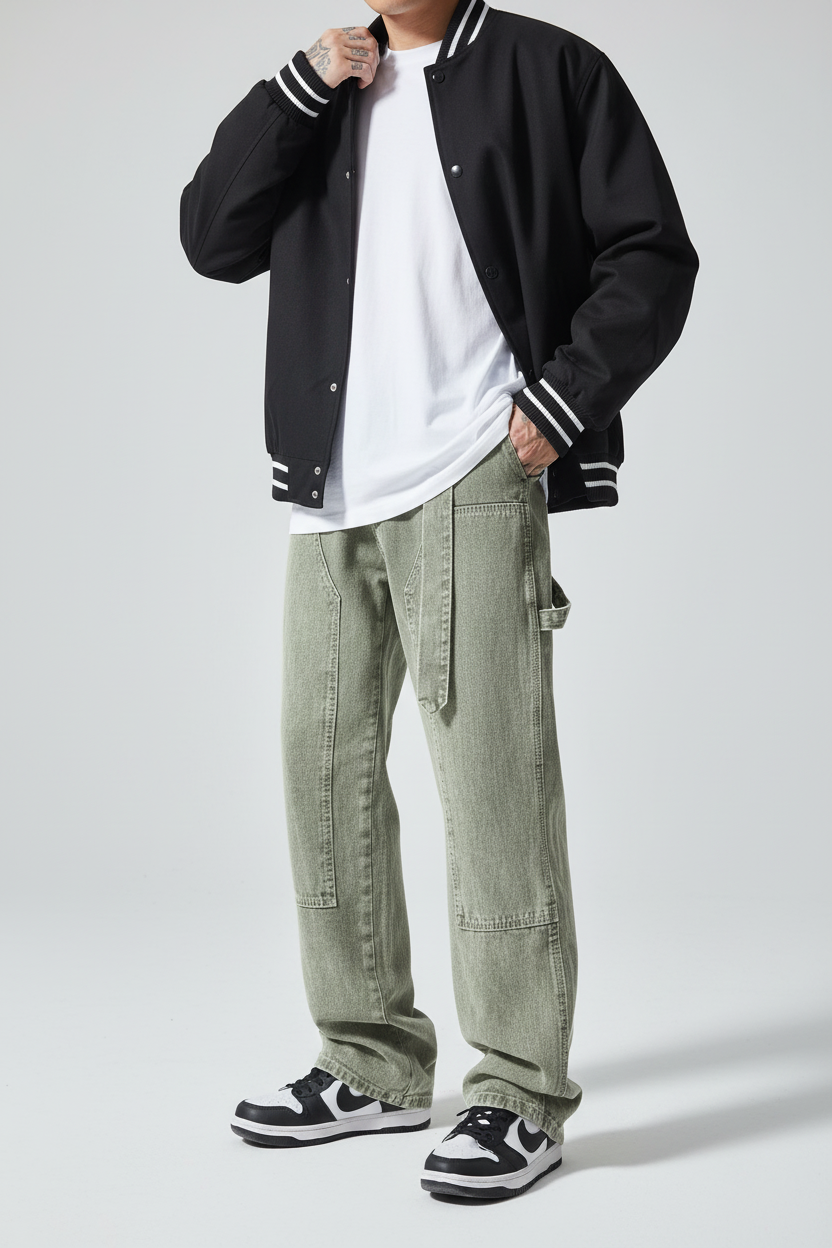 Loose Denim Pants - Green