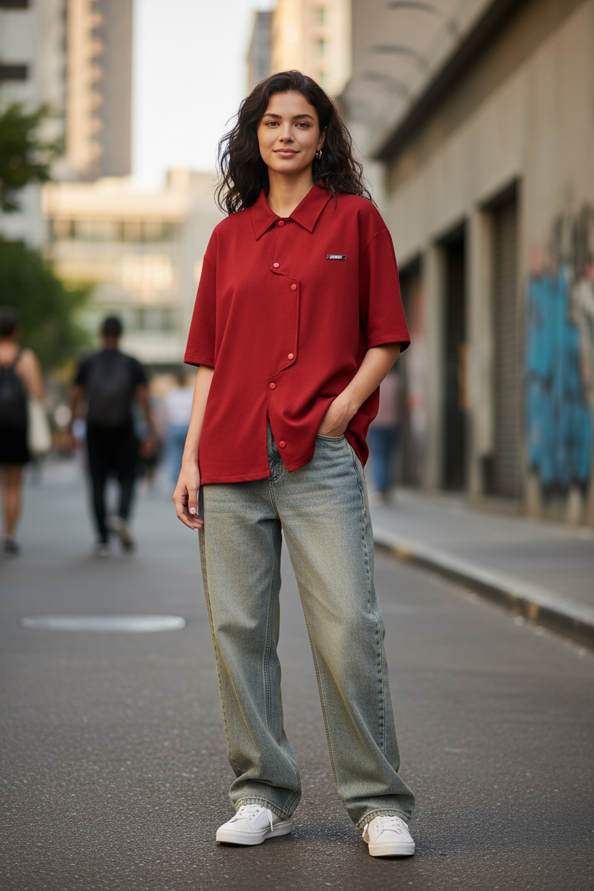 Loose Short Sleeve Top Red - Female Model
