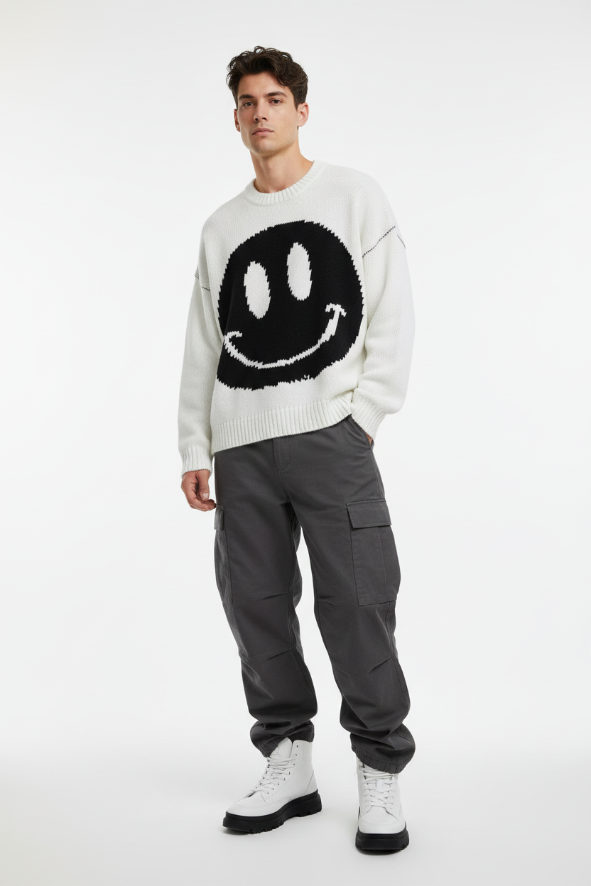 Male model in casual loose knit sweater with smiley face