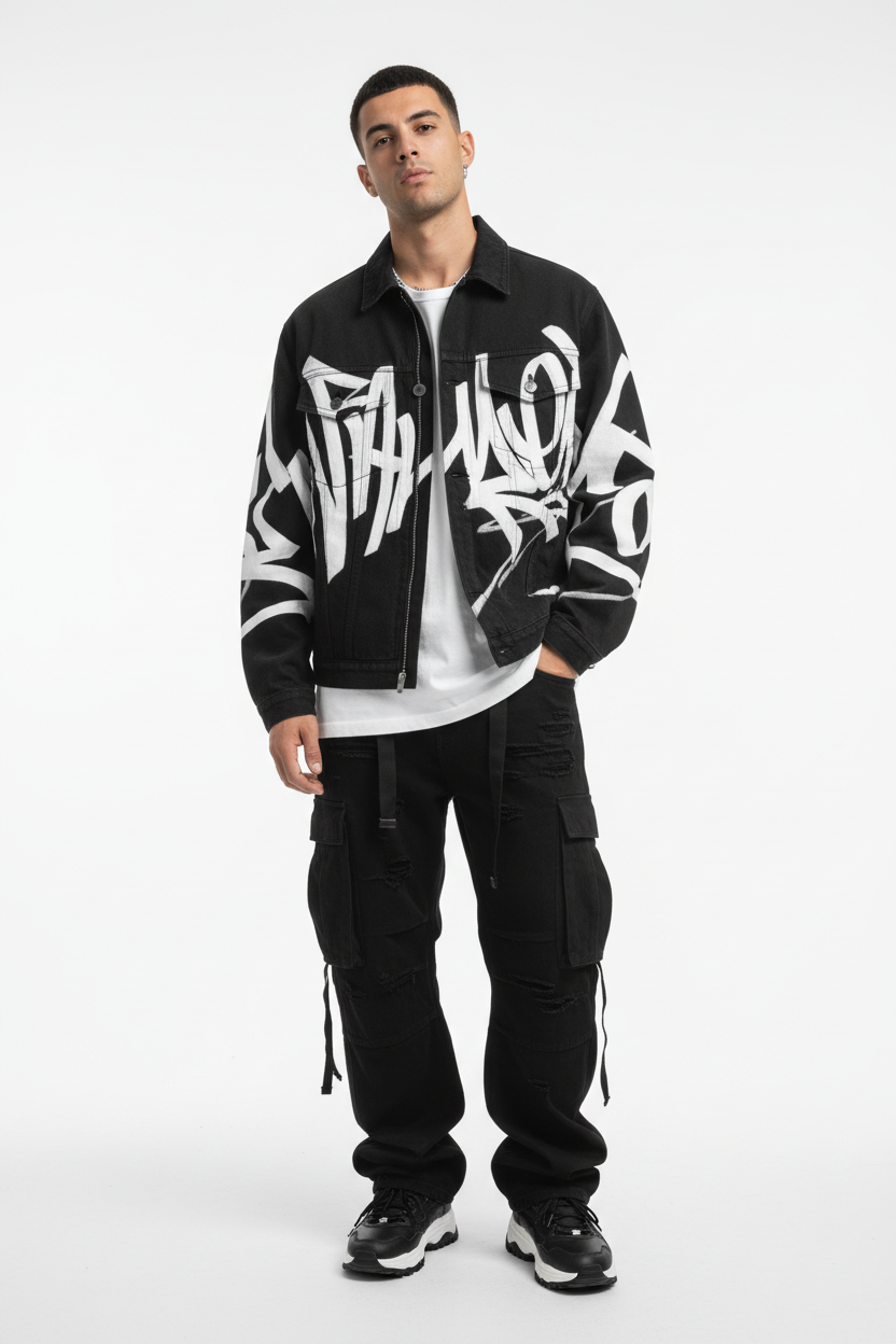 Male model in letter print denim jacket