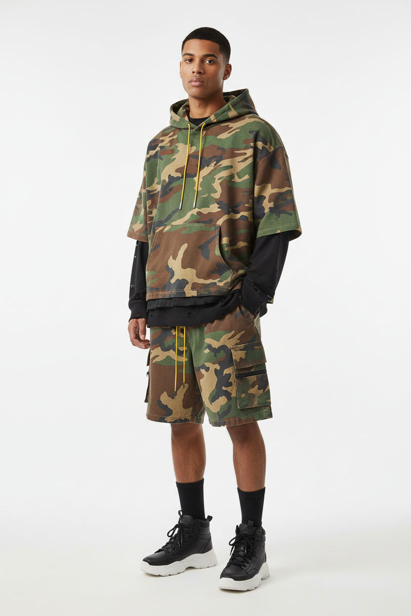 Male model in Retro Camouflage Zipper Casual Shorts - Army Green
