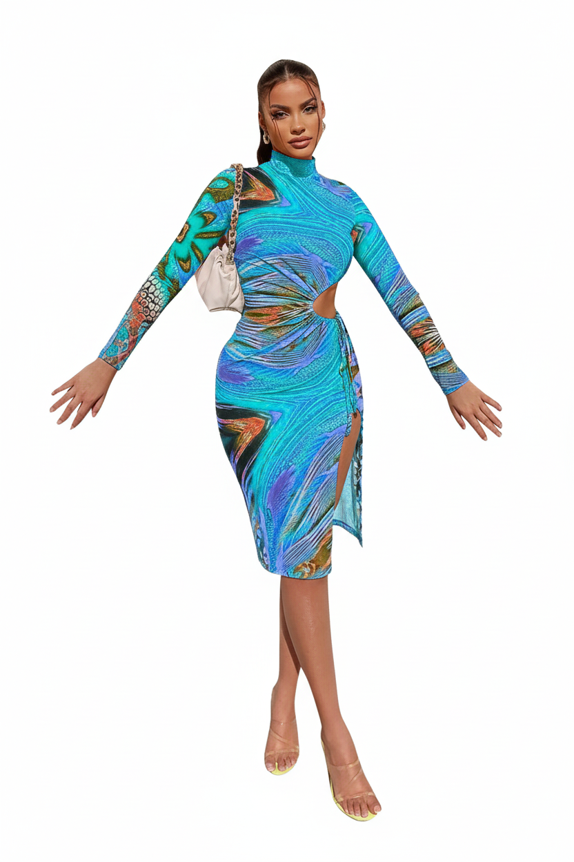 Mid-Length Printed Dress - Blue